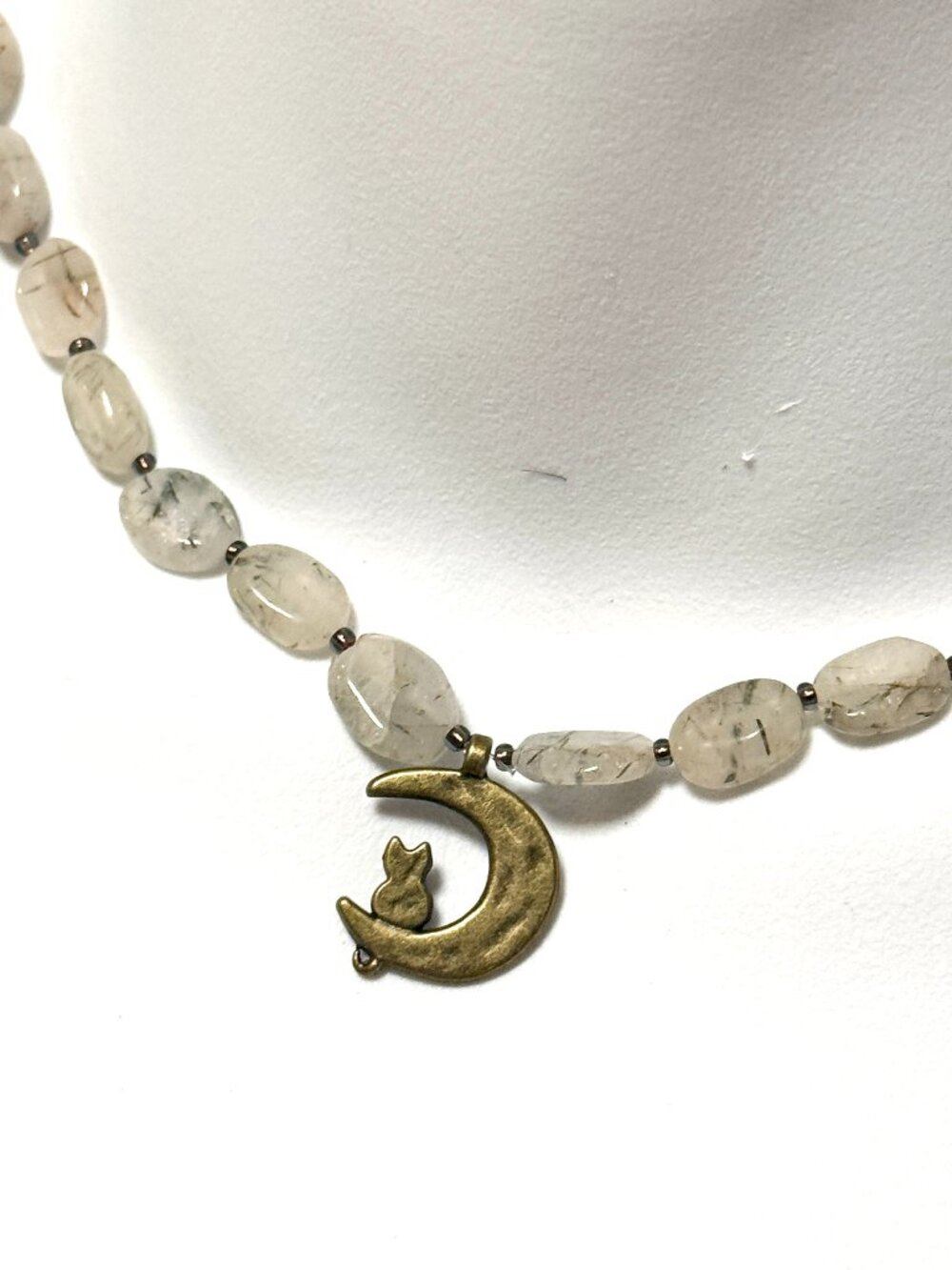 Tourmalinated Quartz Short Necklace, Gemstone & Bronze Cat on the Moon